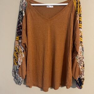 By Together Brown V-Neck Blouse with Patterned Sleeves